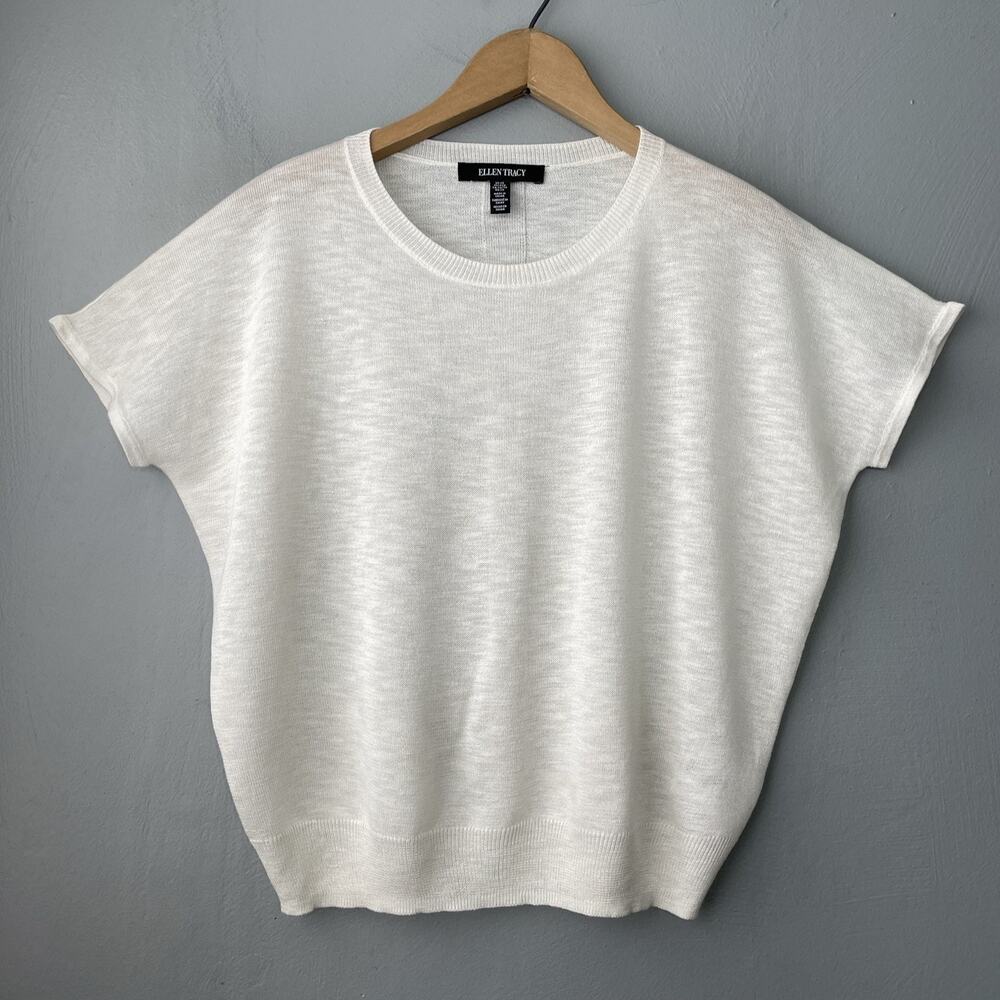 Ellen Tracy Lightweight Sweater Size XS White Dolman Short Sleeve Quiet Luxury